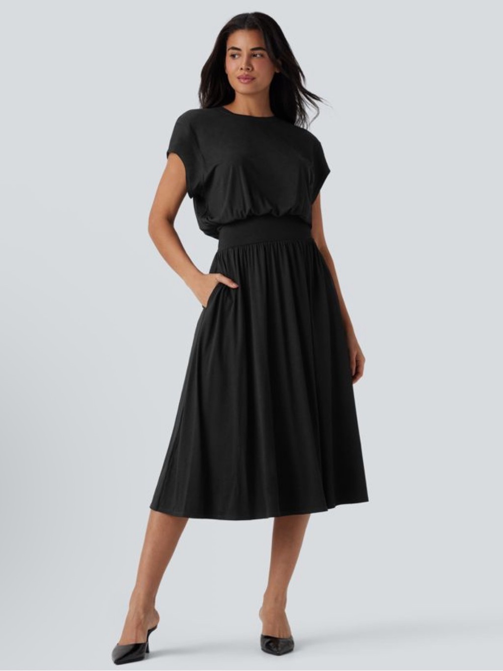 HALARA Black Short-Sleeve Midi Dress with Elastic Waist and pockets.  NWT S